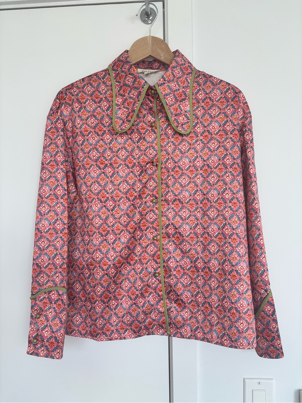 Pink Ripple Block Print Blouse | Size S | Tile / Medallion Print with Olive Trim